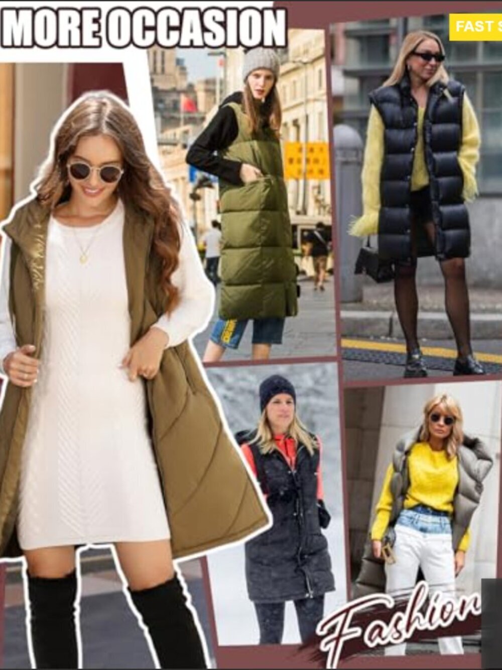 Long Puffer Vest Sleeveless Hooded Quilted Winter Outerwear Zip Up Pockets - Picture 4 of 7